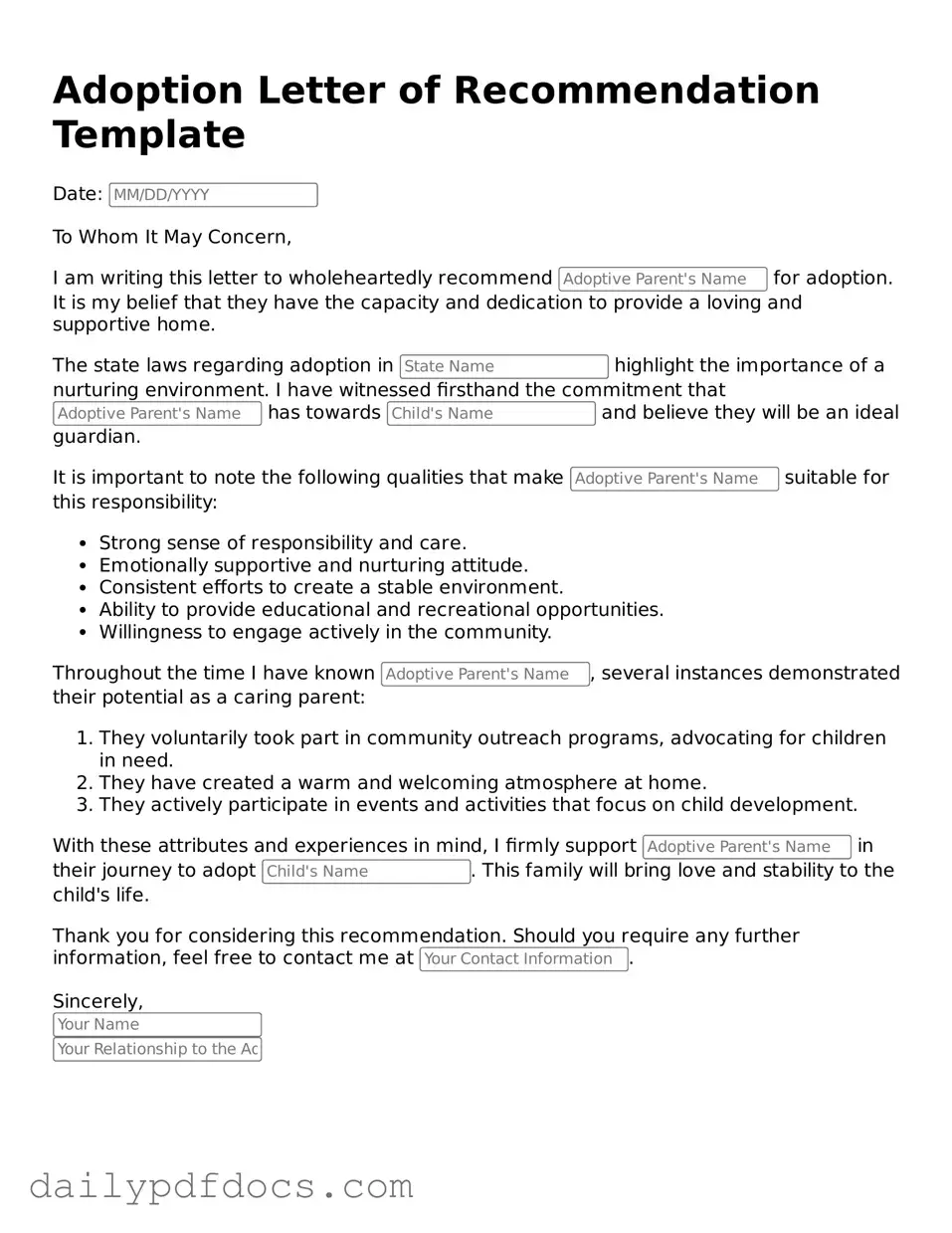 Free Adoption Letter of Recommendation Template