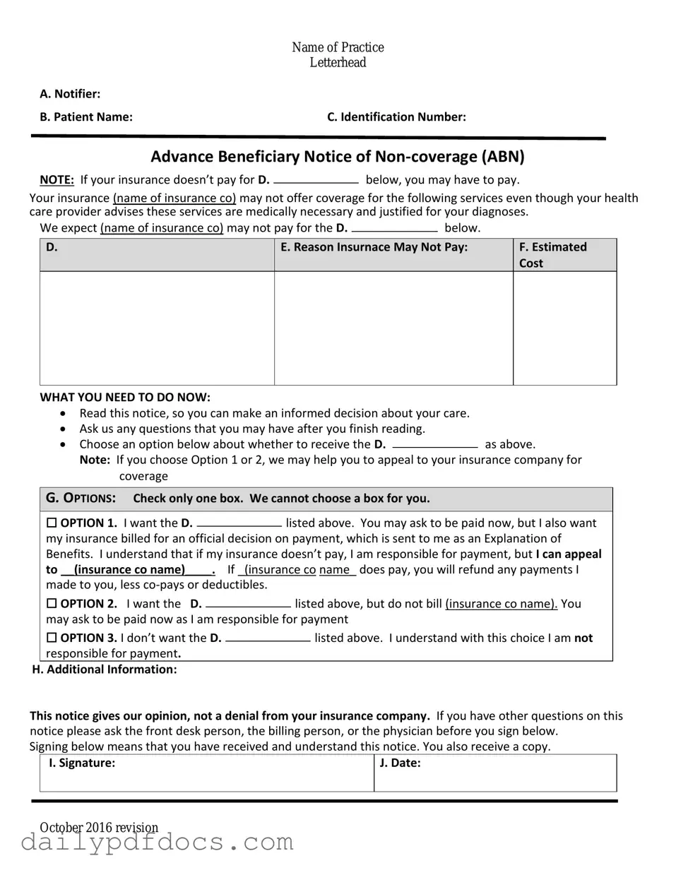Fill Your Advance Beneficiary Notice of Non-coverage Form