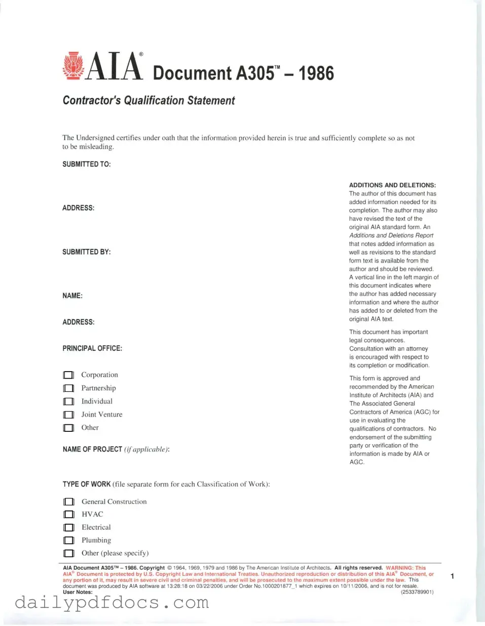 Fill Your AIA A305 Form