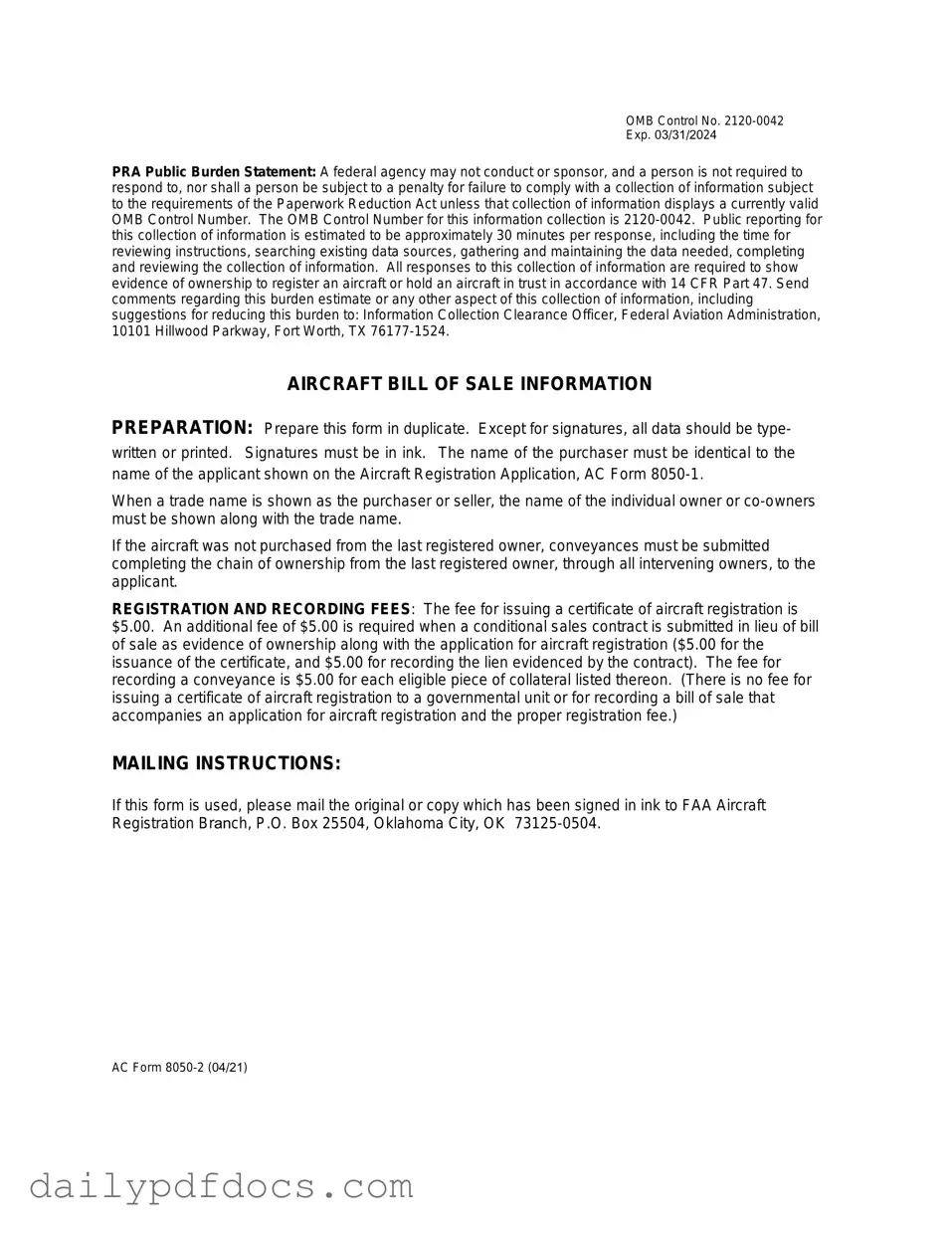 Fill Your Aircraft Bill of Sale AC 8050-2 Form