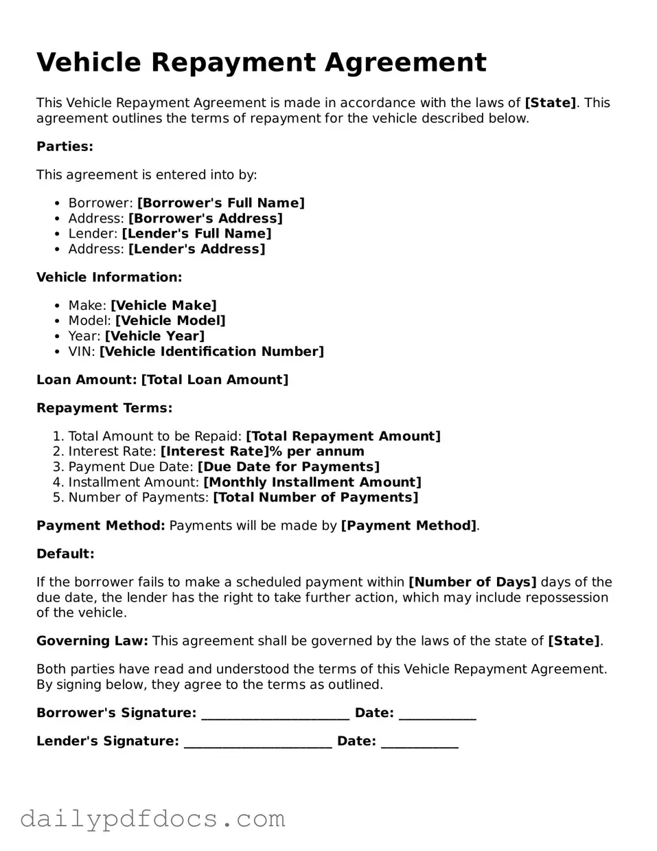Free Vehicle Repayment Agreement Template
