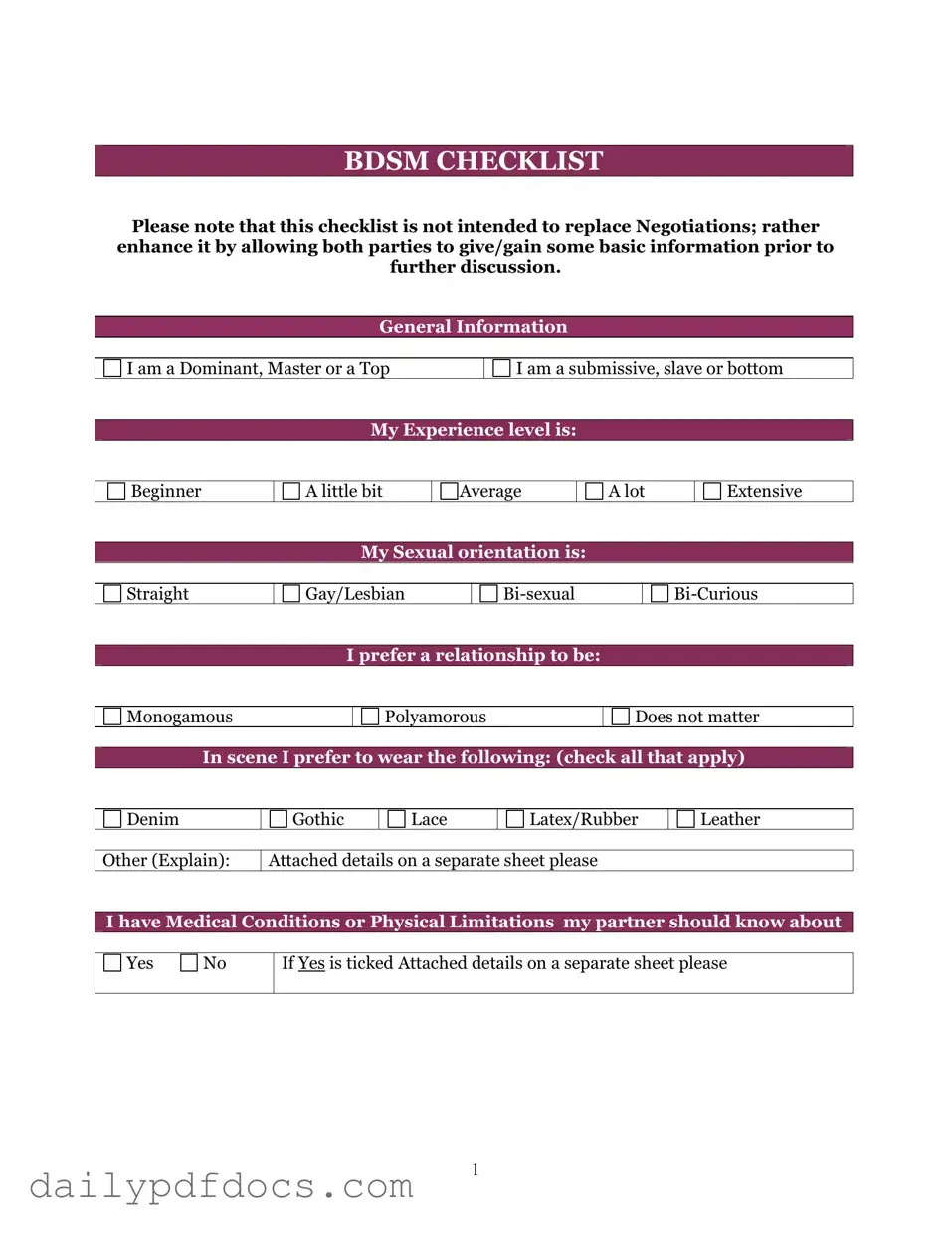 Fill Your Bdsm Checklist Form