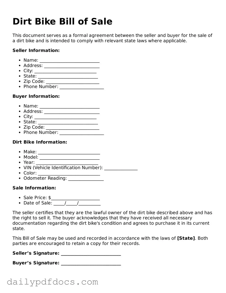Free Dirt Bike Bill of Sale Template