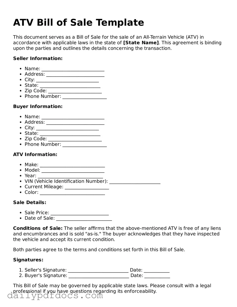 Free ATV Bill of Sale Template
