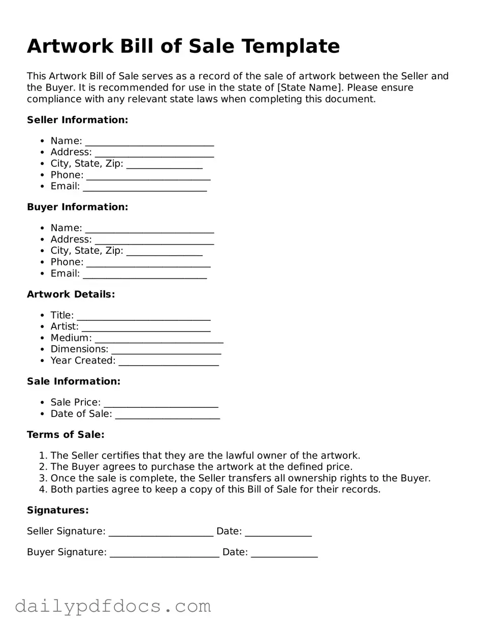 Free Artwork Bill of Sale Template