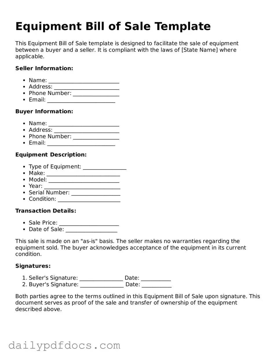 Free Equipment Bill of Sale Template