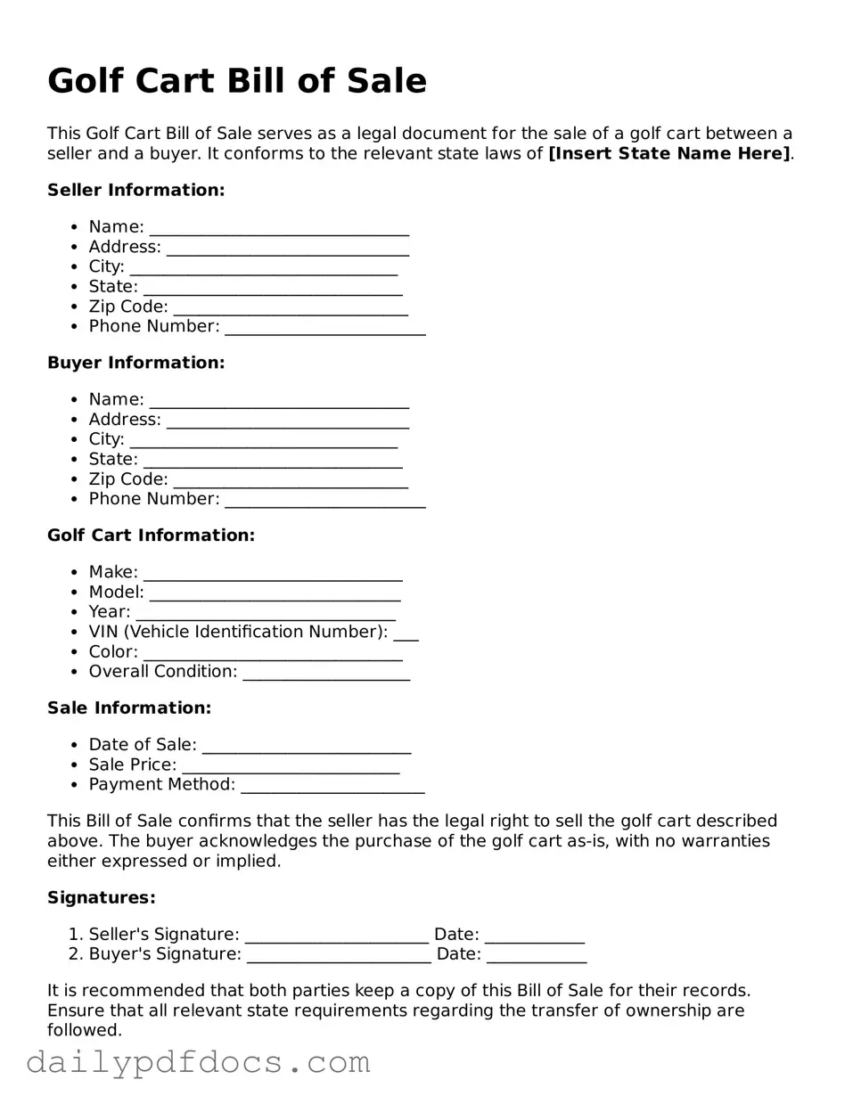 Free Golf Cart Bill of Sale Template