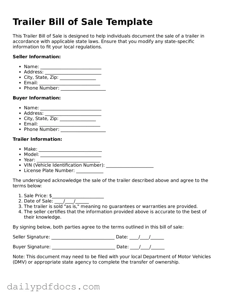 Free Trailer Bill of Sale Template
