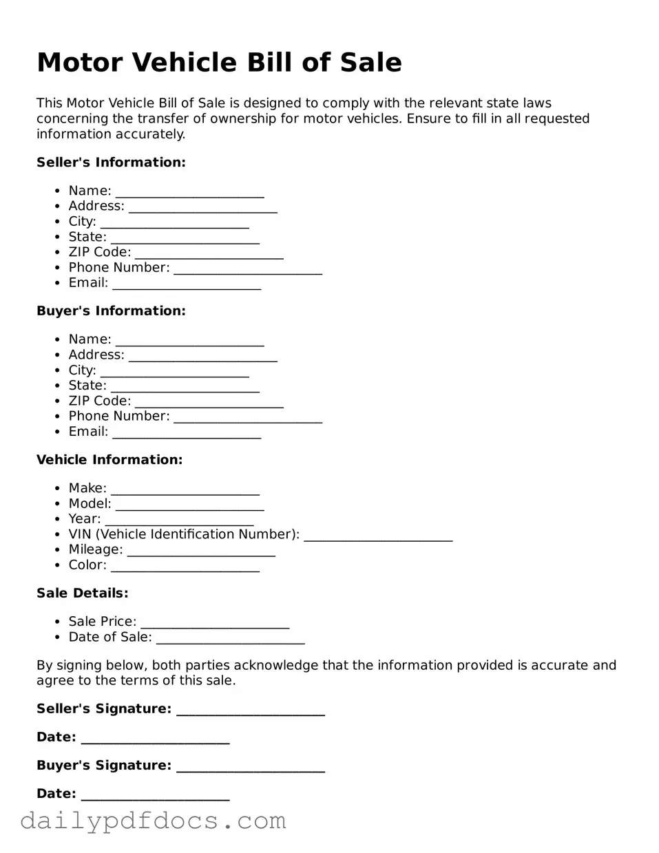 Free Motor Vehicle Bill of Sale Template