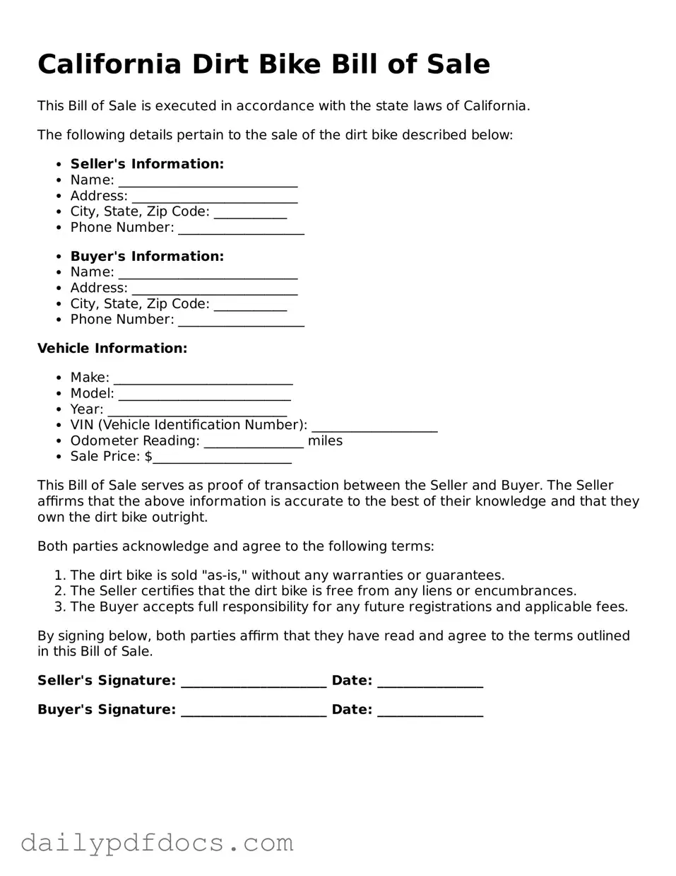 Printable  Dirt Bike Bill of Sale Document for California