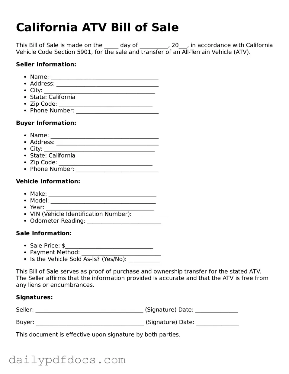 Printable  ATV Bill of Sale Document for California