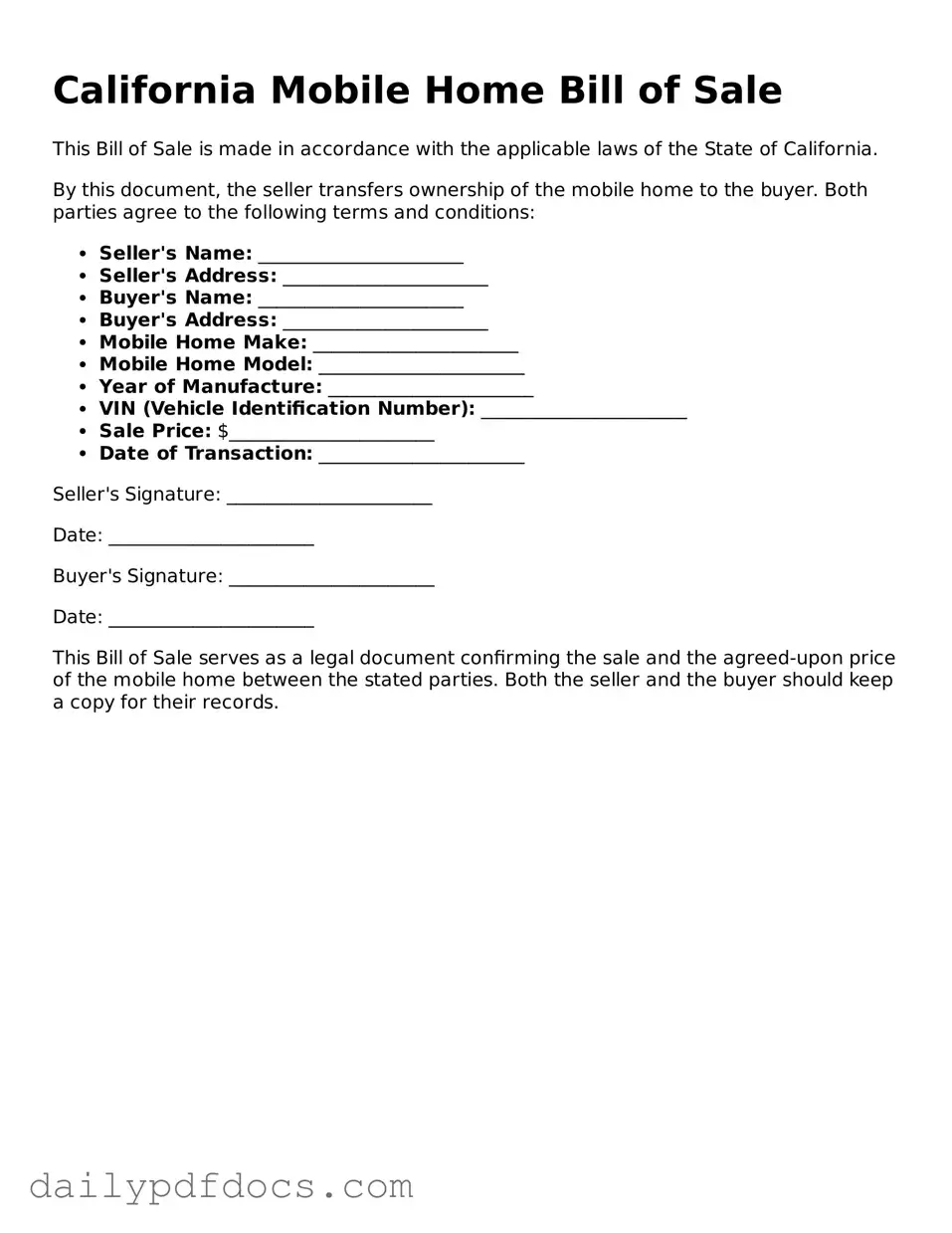 Printable  Mobile Home Bill of Sale Document for California