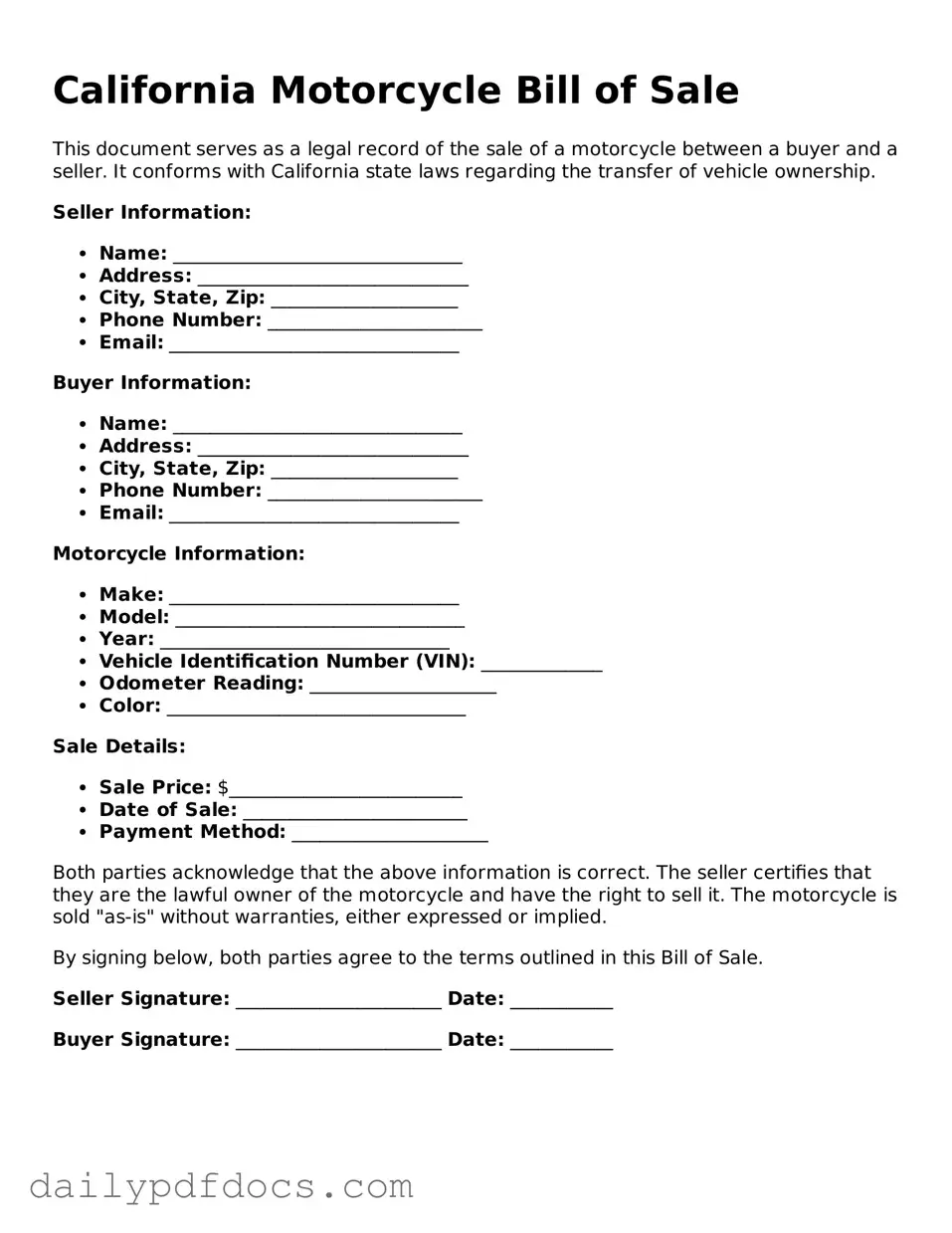 Printable  Motorcycle Bill of Sale Document for California