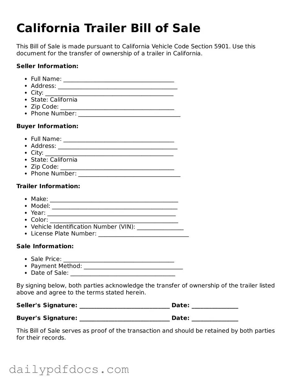 Printable  Trailer Bill of Sale Document for California