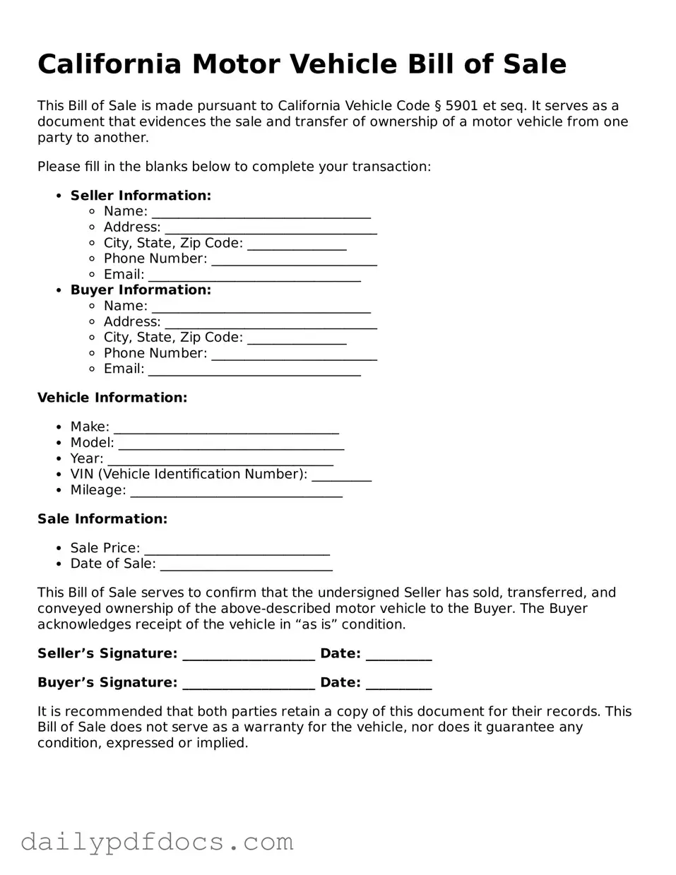 Printable  Motor Vehicle Bill of Sale Document for California