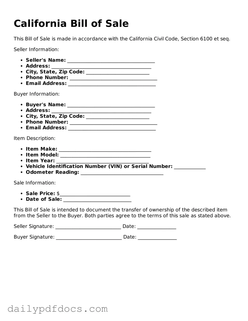 Printable  Bill of Sale Document for California