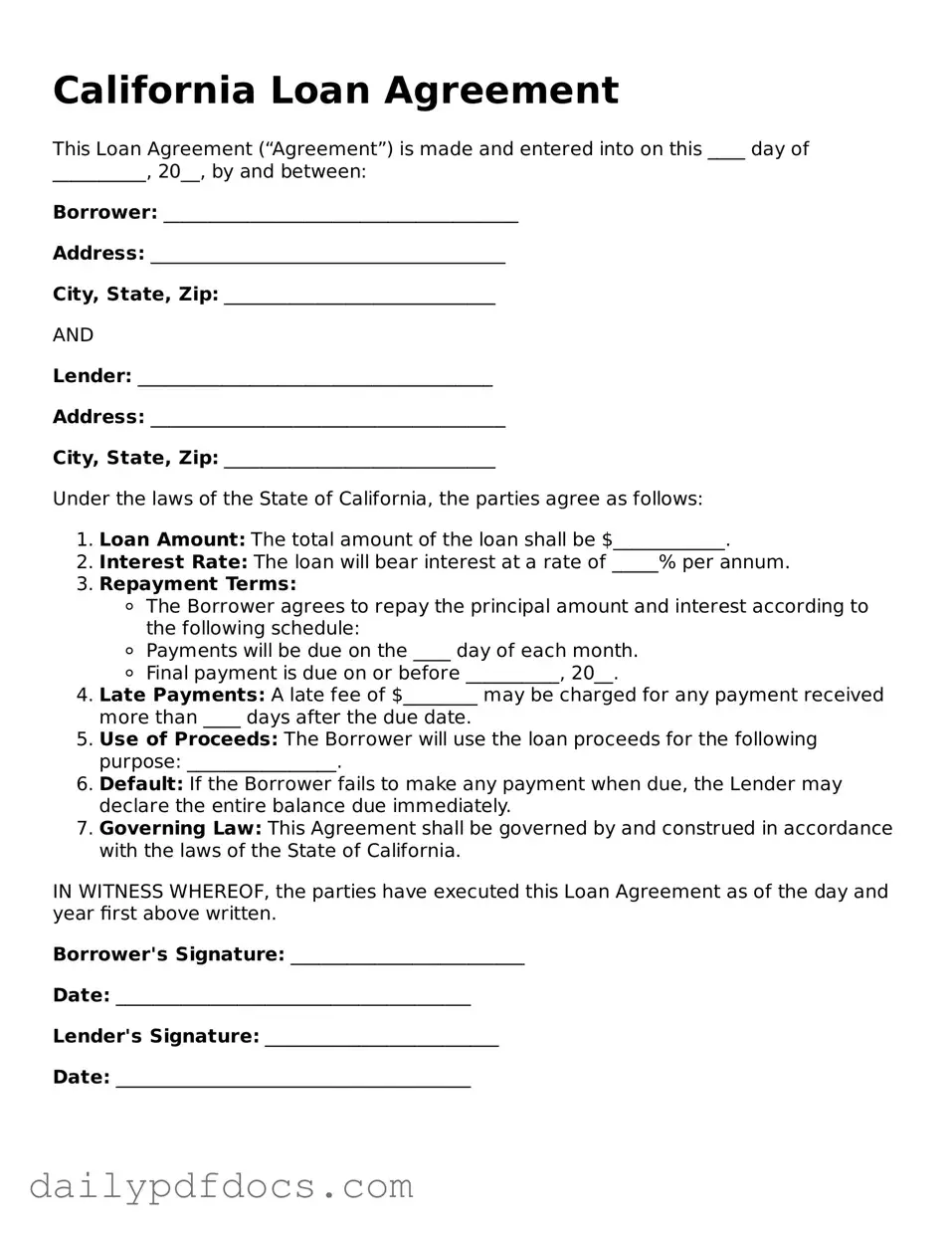 Printable  Loan Agreement Document for California