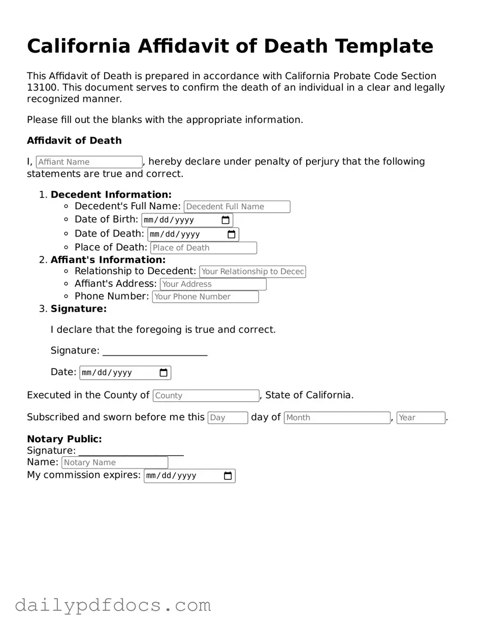 Printable  Affidavit of Death Document for California