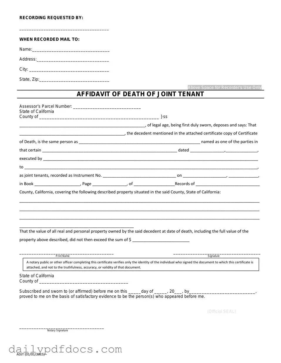 Fill Your California Death of a Joint Tenant Affidavit Form
