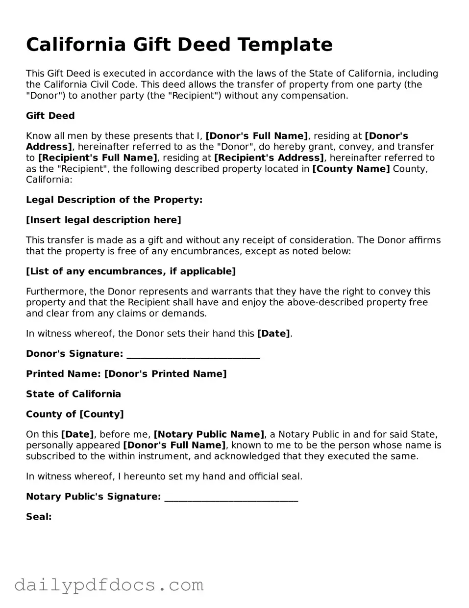 Printable  Gift Deed Document for California