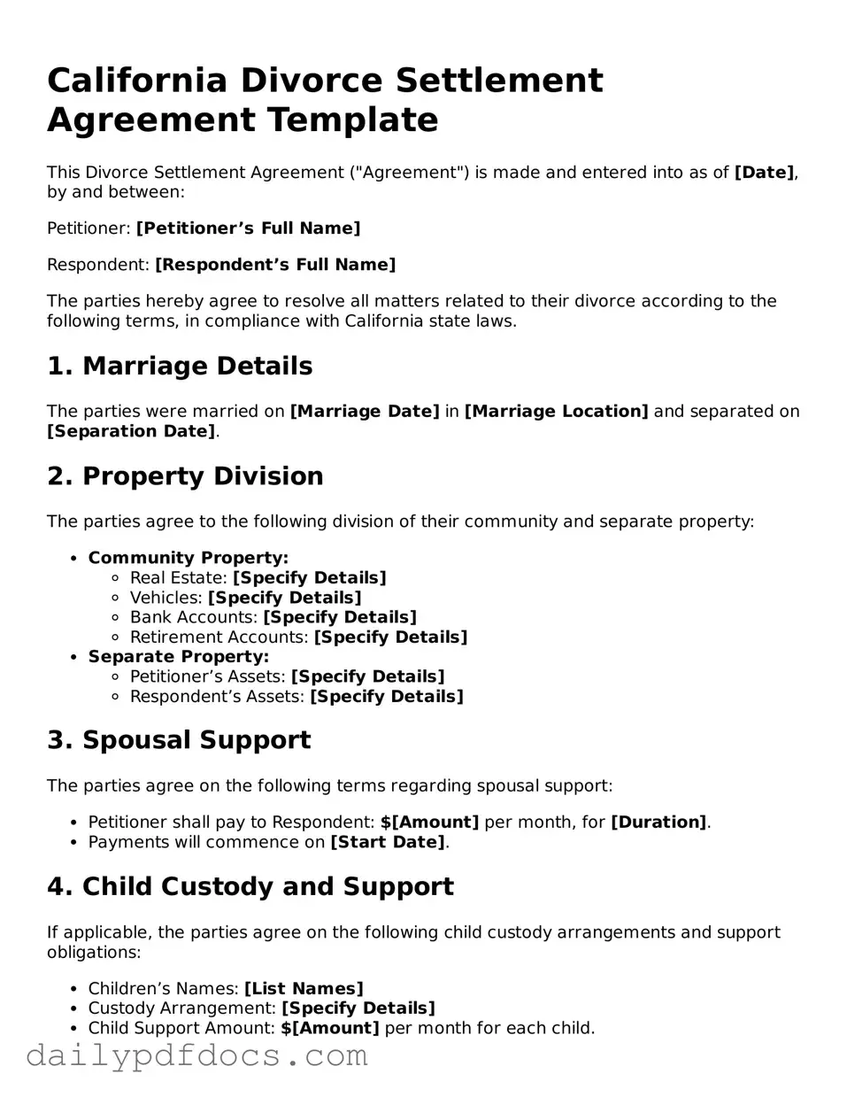Printable  Divorce Settlement Agreement Document for California