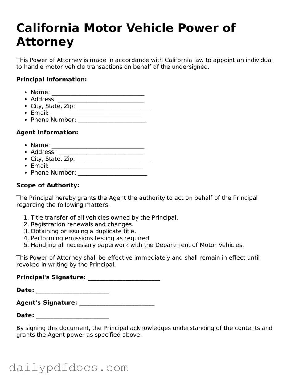 Printable  Motor Vehicle Power of Attorney Document for California