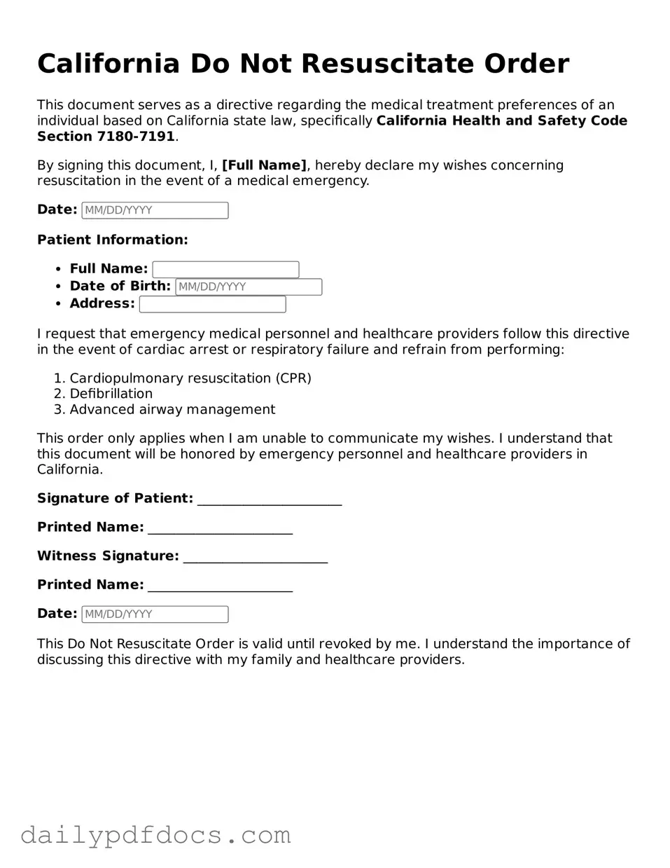 Printable  Do Not Resuscitate Order Document for California