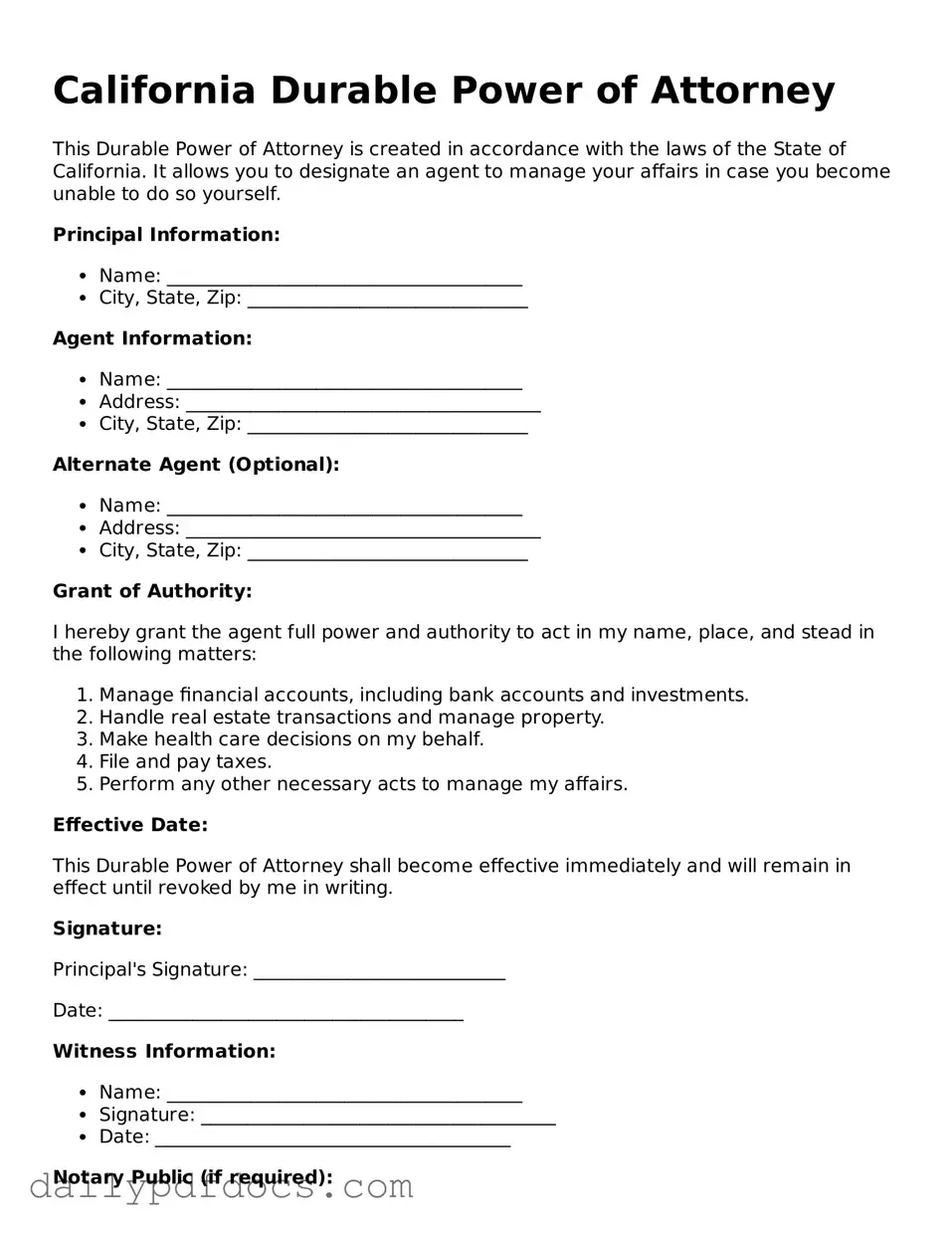Printable  Durable Power of Attorney Document for California