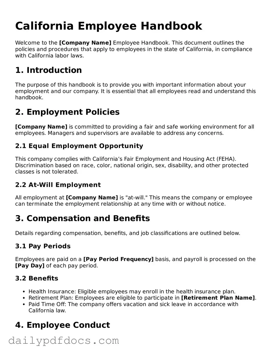 Printable  Employee Handbook Document for California