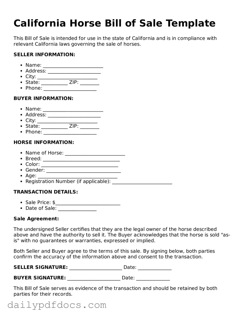 Printable  Horse Bill of Sale Document for California