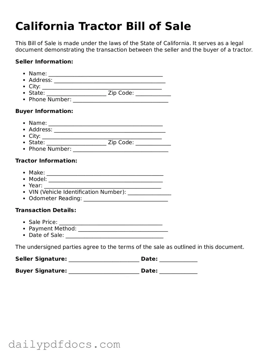 Printable  Tractor Bill of Sale Document for California