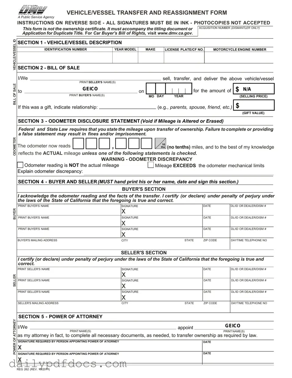 Fill Your California Fotm Reg 262 Form