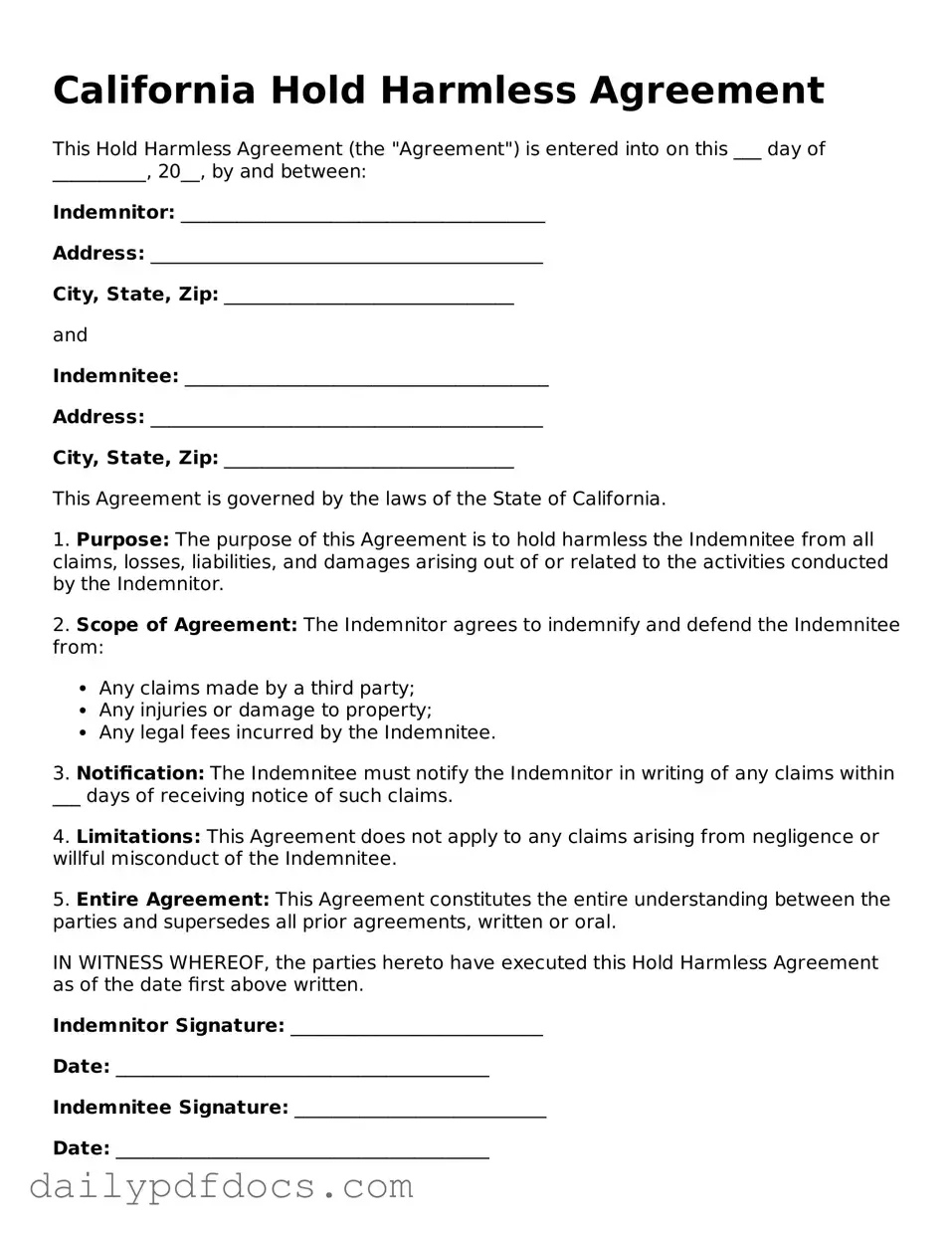 Printable  Hold Harmless Agreement Document for California