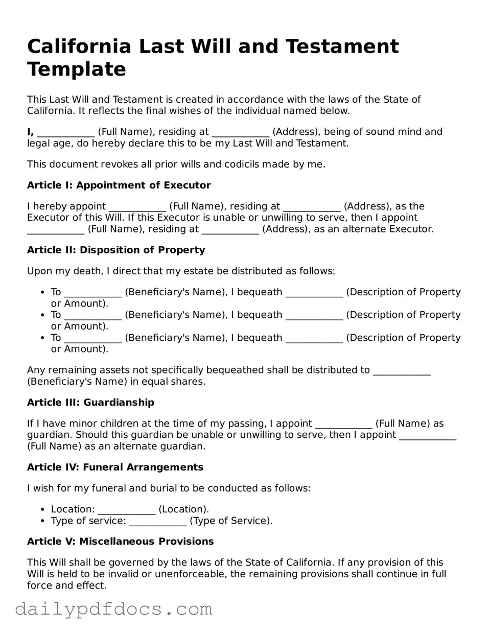 Printable  Last Will and Testament Document for California