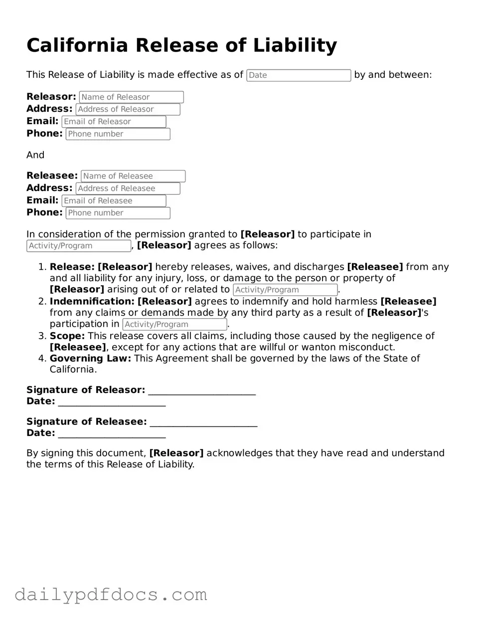 Printable  Release of Liability Document for California