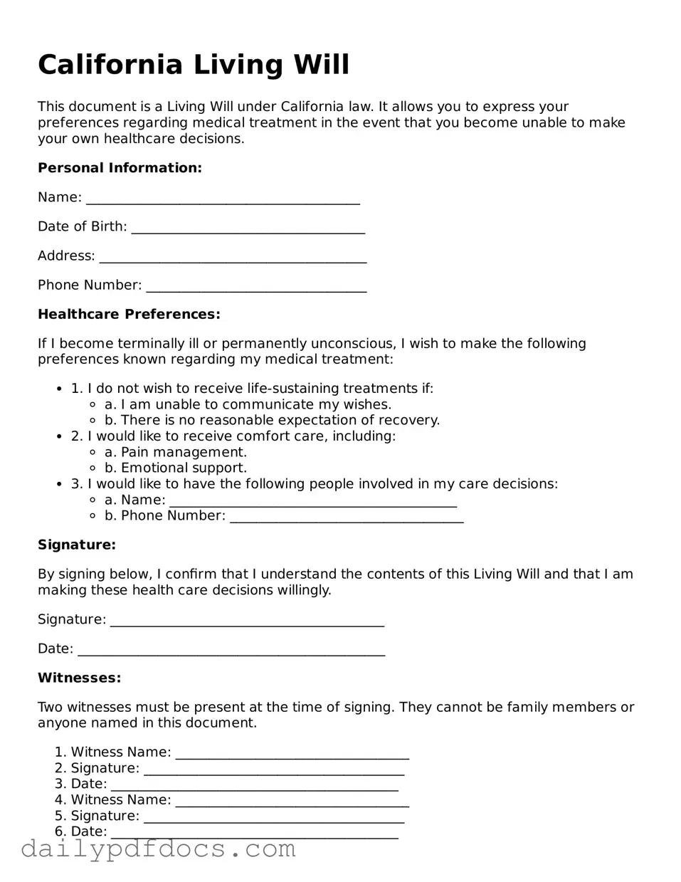 Printable  Living Will Document for California