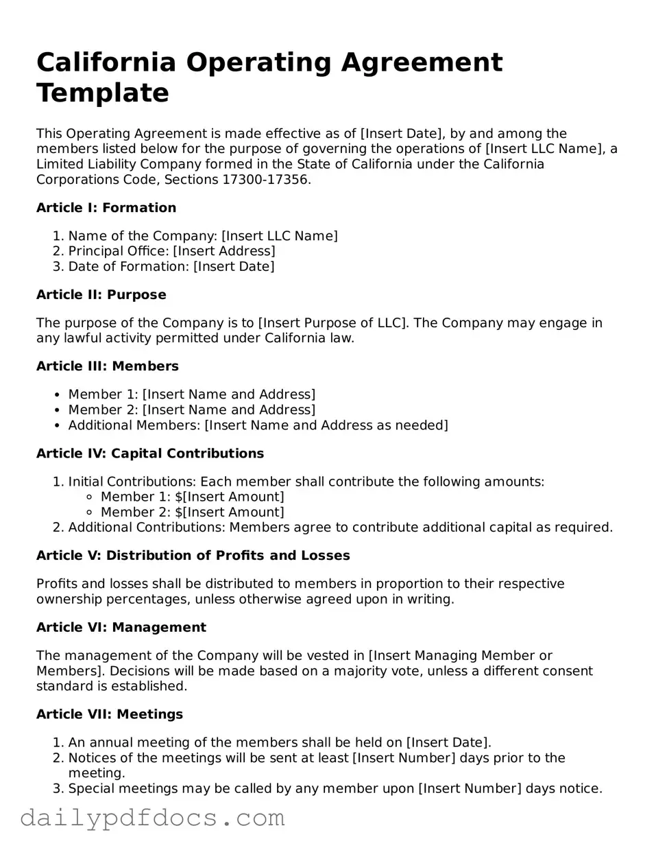 Printable  Operating Agreement Document for California