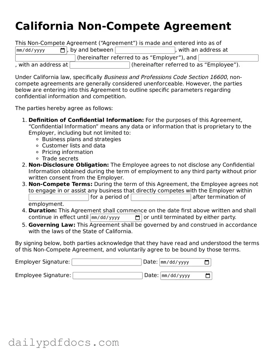 Printable  Non-compete Agreement Document for California