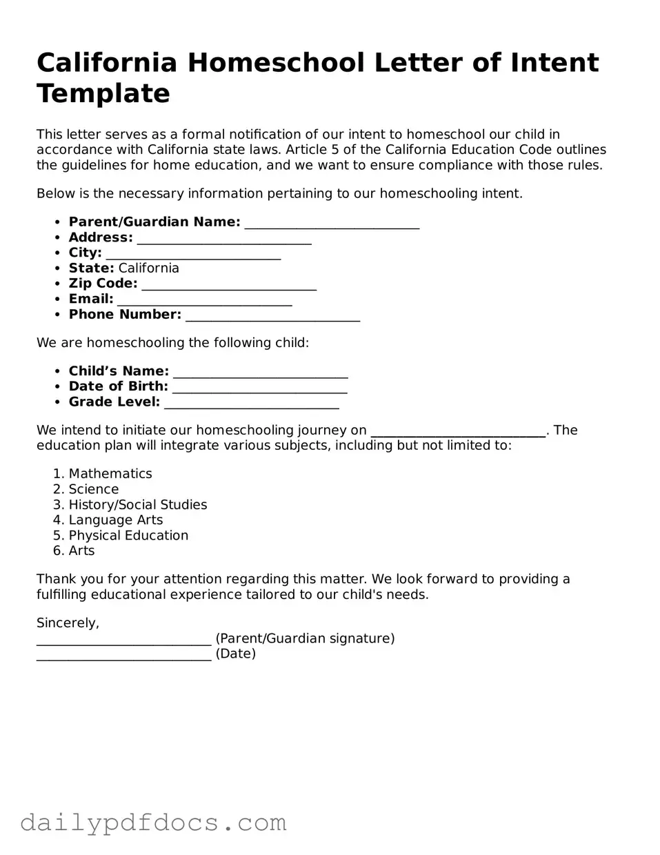 Printable  Homeschool Letter of Intent Document for California