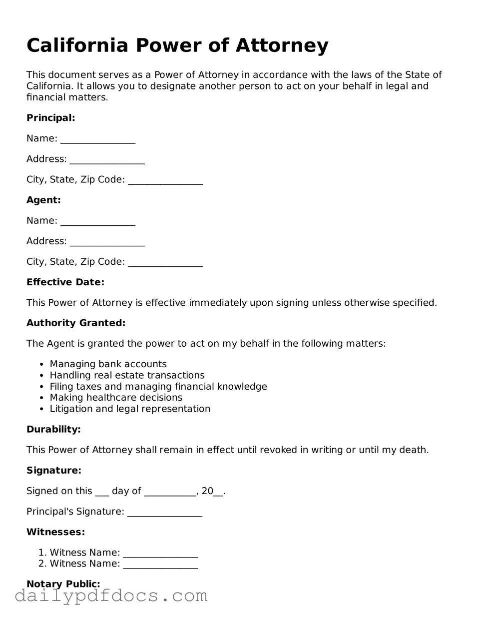 Printable  Power of Attorney Document for California