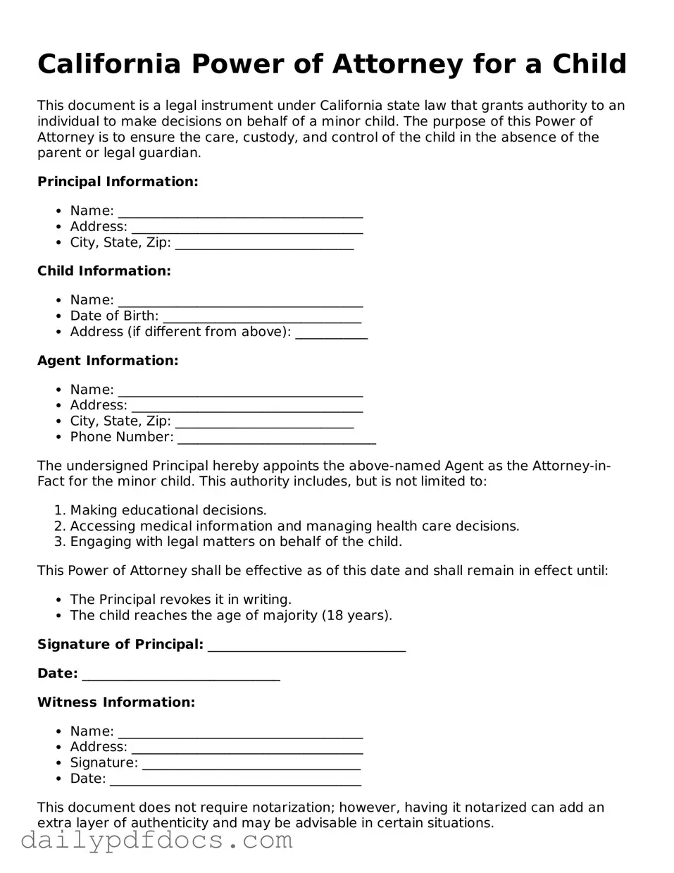 Printable  Power of Attorney for a Child Document for California