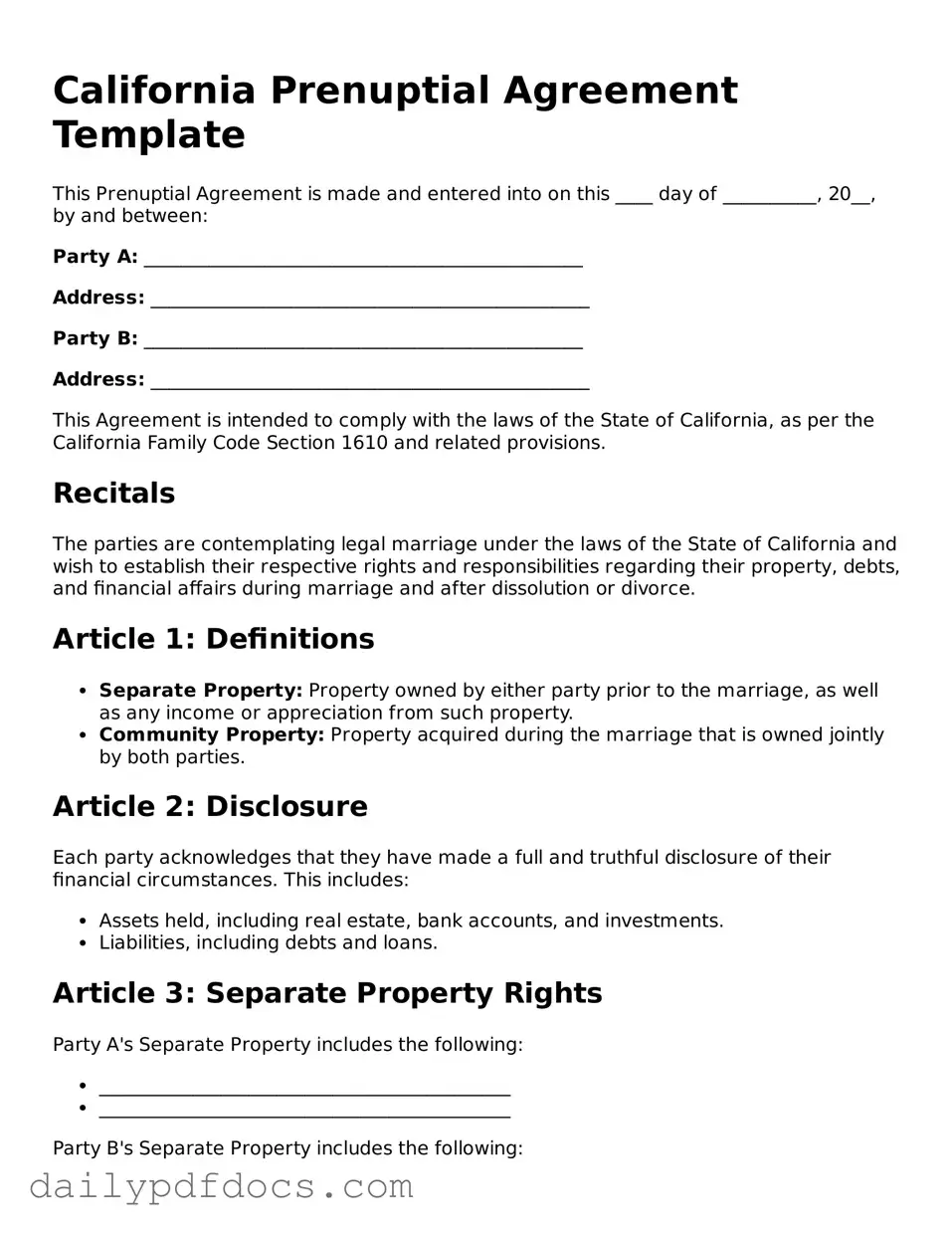 Printable  Prenuptial Agreement Document for California