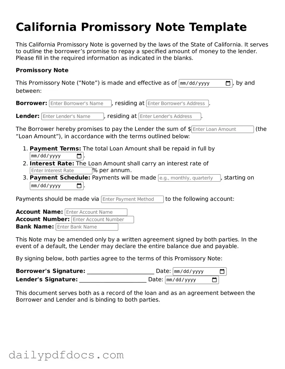 Printable  Promissory Note Document for California