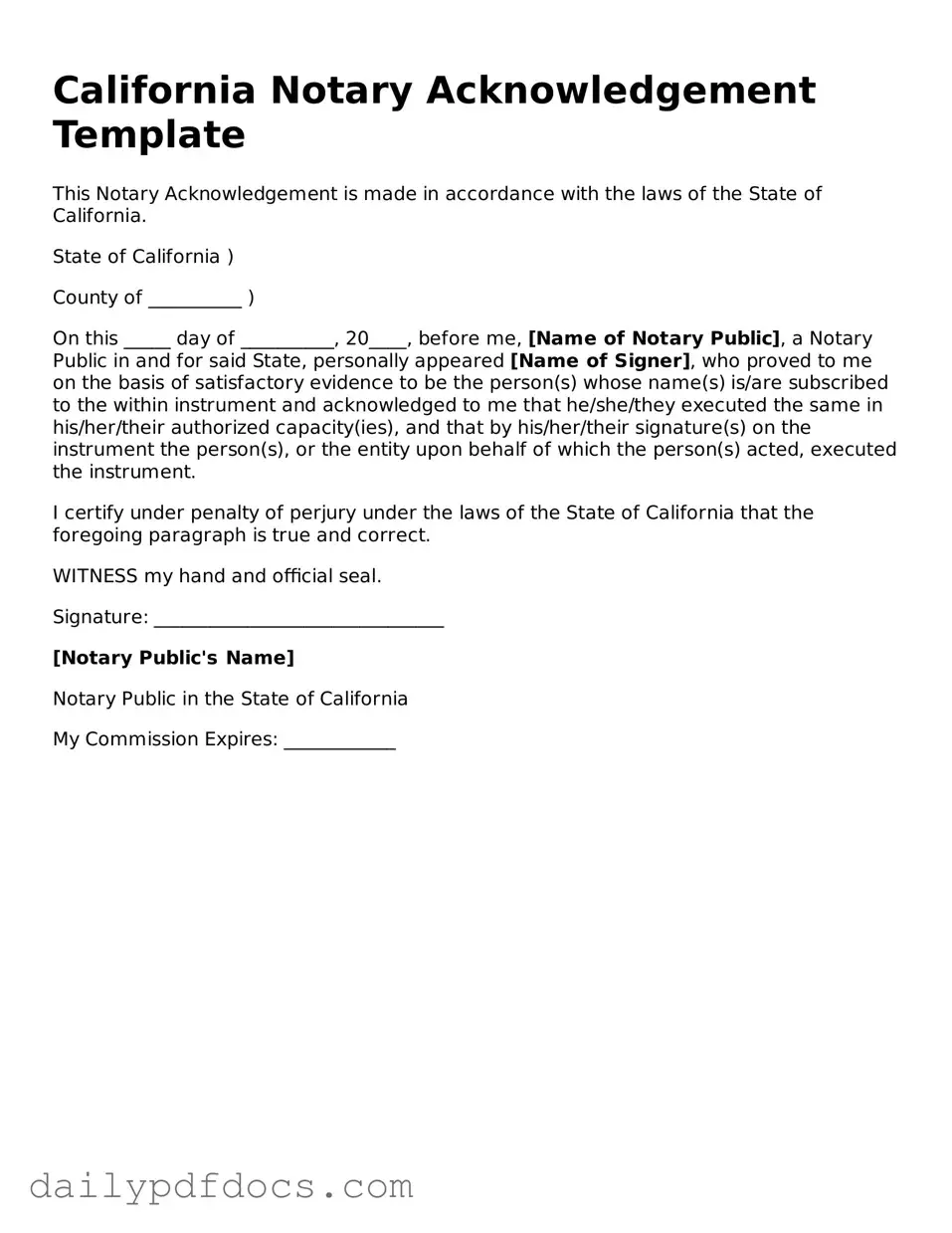 Printable  Notary Acknowledgement Document for California
