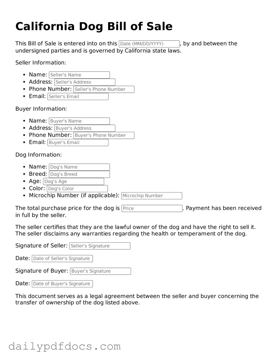 Printable  Dog Bill of Sale Document for California