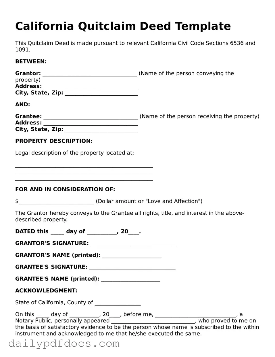 Printable  Quitclaim Deed Document for California