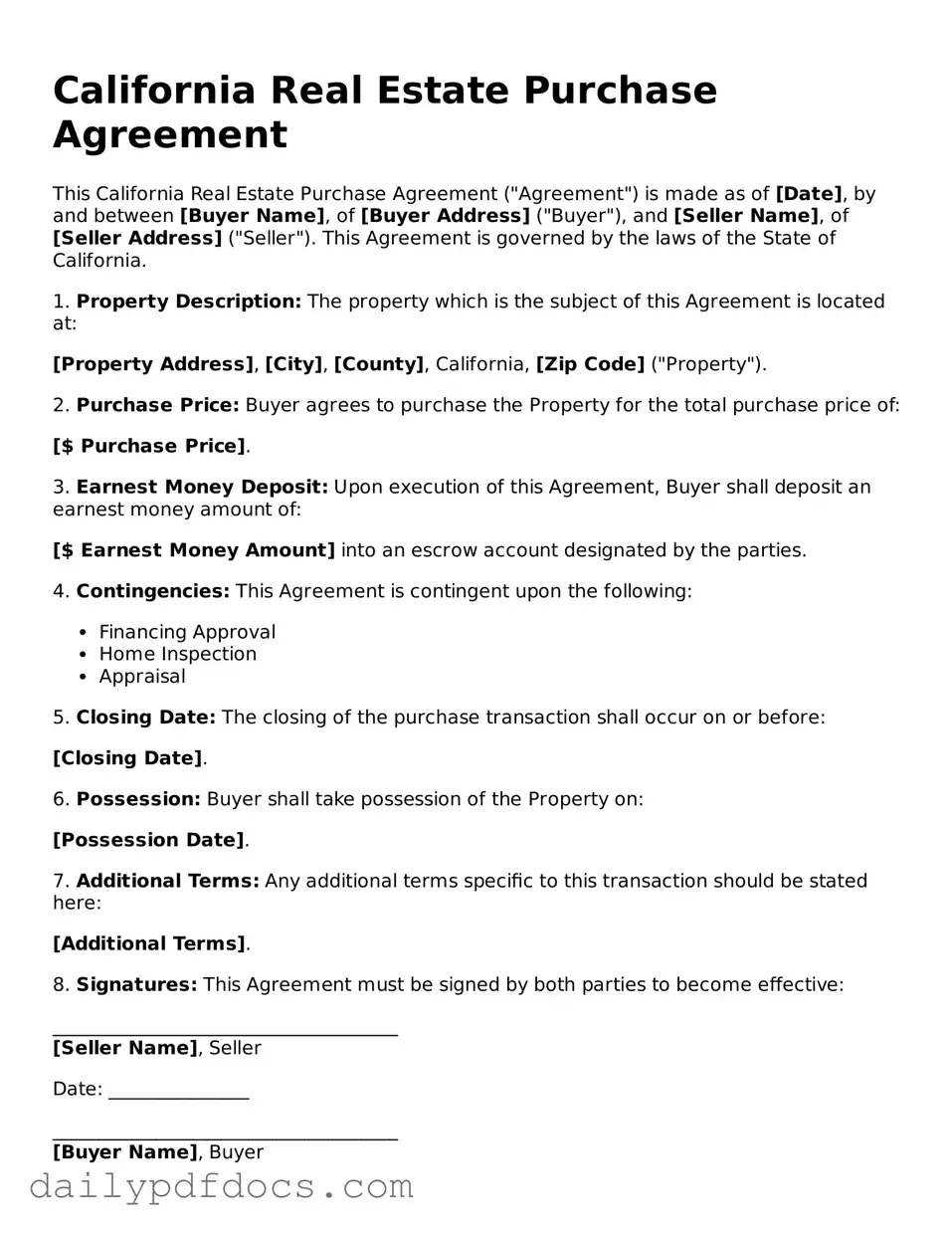 Printable  Real Estate Purchase Agreement Document for California