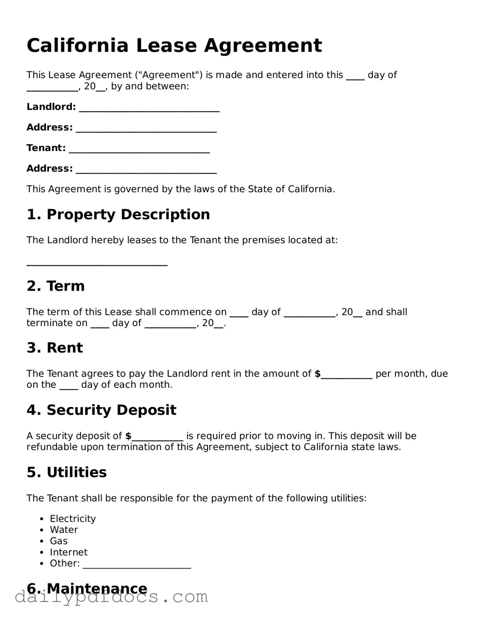 Printable  Lease Agreement Document for California