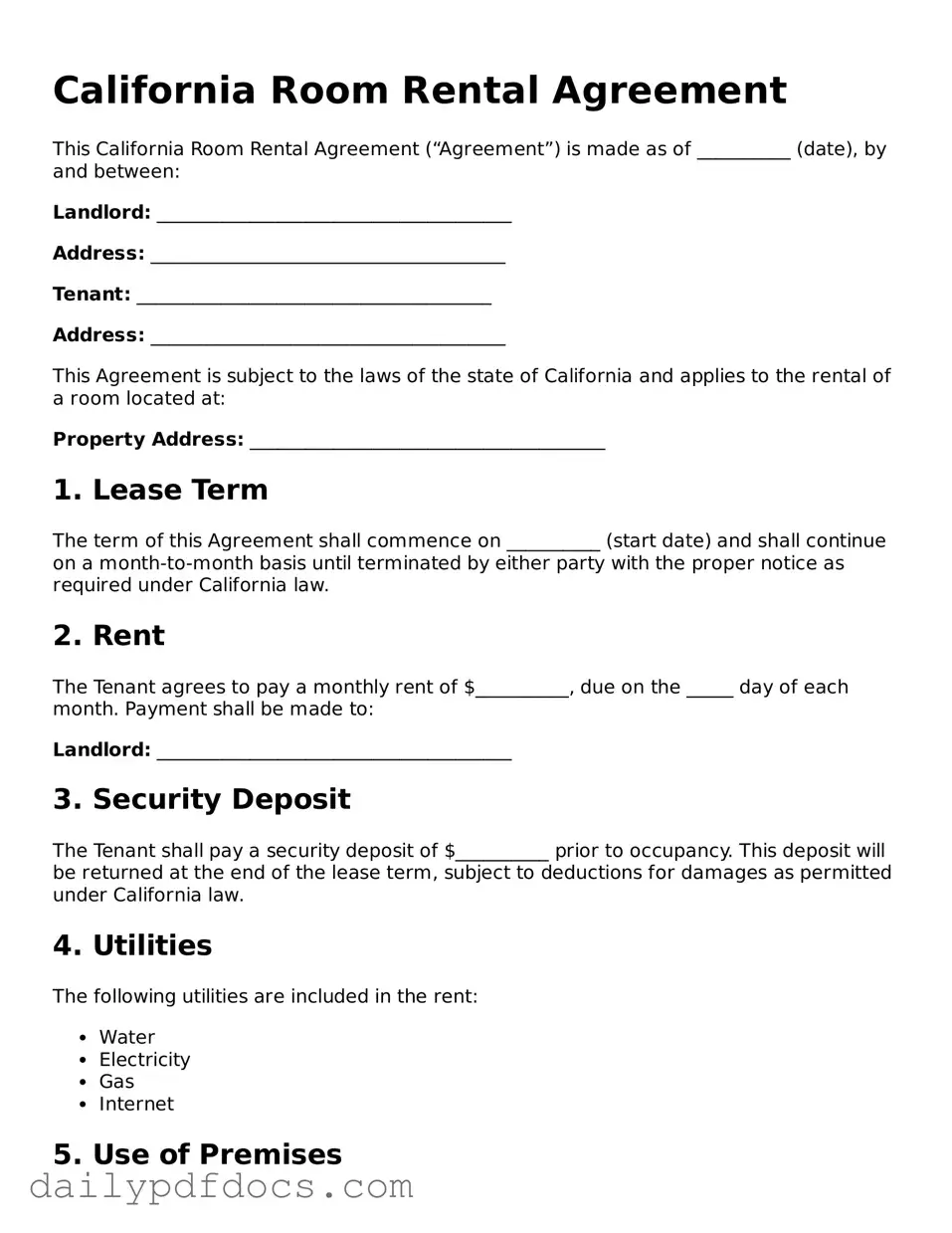 Printable  Room Rental Agreement Document for California