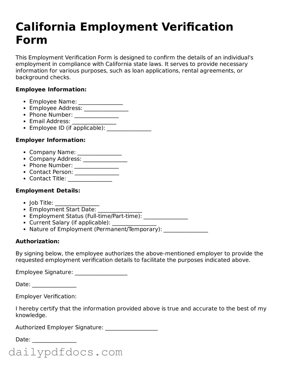 Printable  Employment Verification Document for California